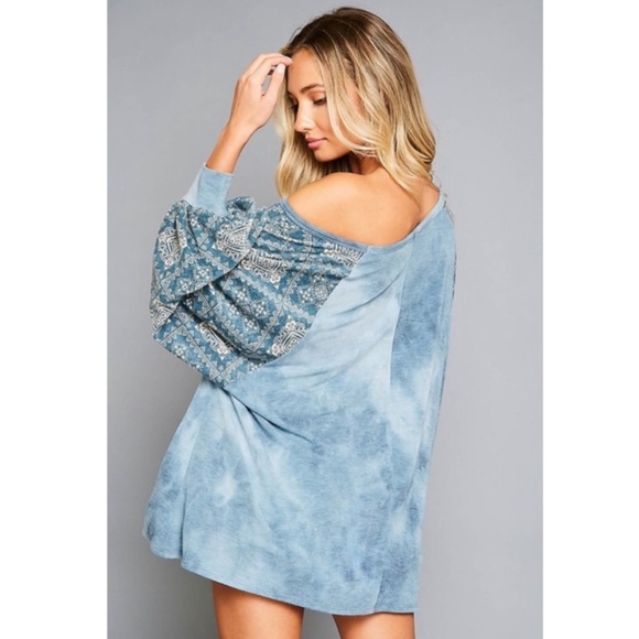 Blue tie dye print off shoulder long sleeve top - Picture 3 of 5